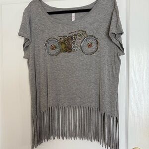 Erika Gray Short Sleeve Top with Embellished Motorcycle Design and Fringe Hem